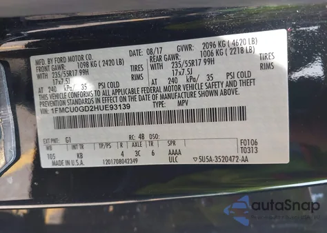 2017 Ford Escape Se из США, поврежденный, VIN 1FMCU0GD2HUE93139